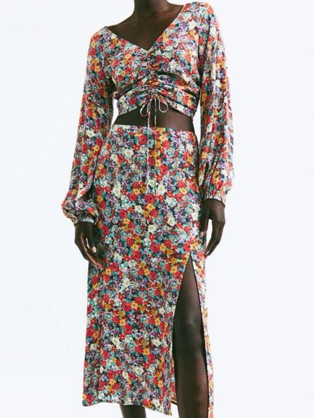 H&M Multicolor Floral Midi Skirt with Side Slit